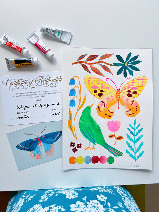 Original gouache, watercolor, and acrylic painting by Sun Lee from the 'Whispers of Spring' collection. This vibrant piece features a whimsical depiction of nature with bright flowers, butterflies, and birds, capturing the energy and beauty of spring. Perfect for nature lovers and those seeking aesthetic watercolor and gouache artwork, bringing joy and color to your space.