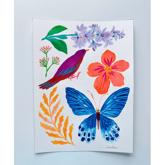 Original gouache, watercolor, and acrylic painting by Sun Lee from the 'Whispers of Spring' collection. This vibrant piece features a whimsical depiction of nature with bright flowers, butterflies, and birds, capturing the energy and beauty of spring. Perfect for nature lovers and those seeking aesthetic watercolor and gouache artwork, bringing joy and color to your space.