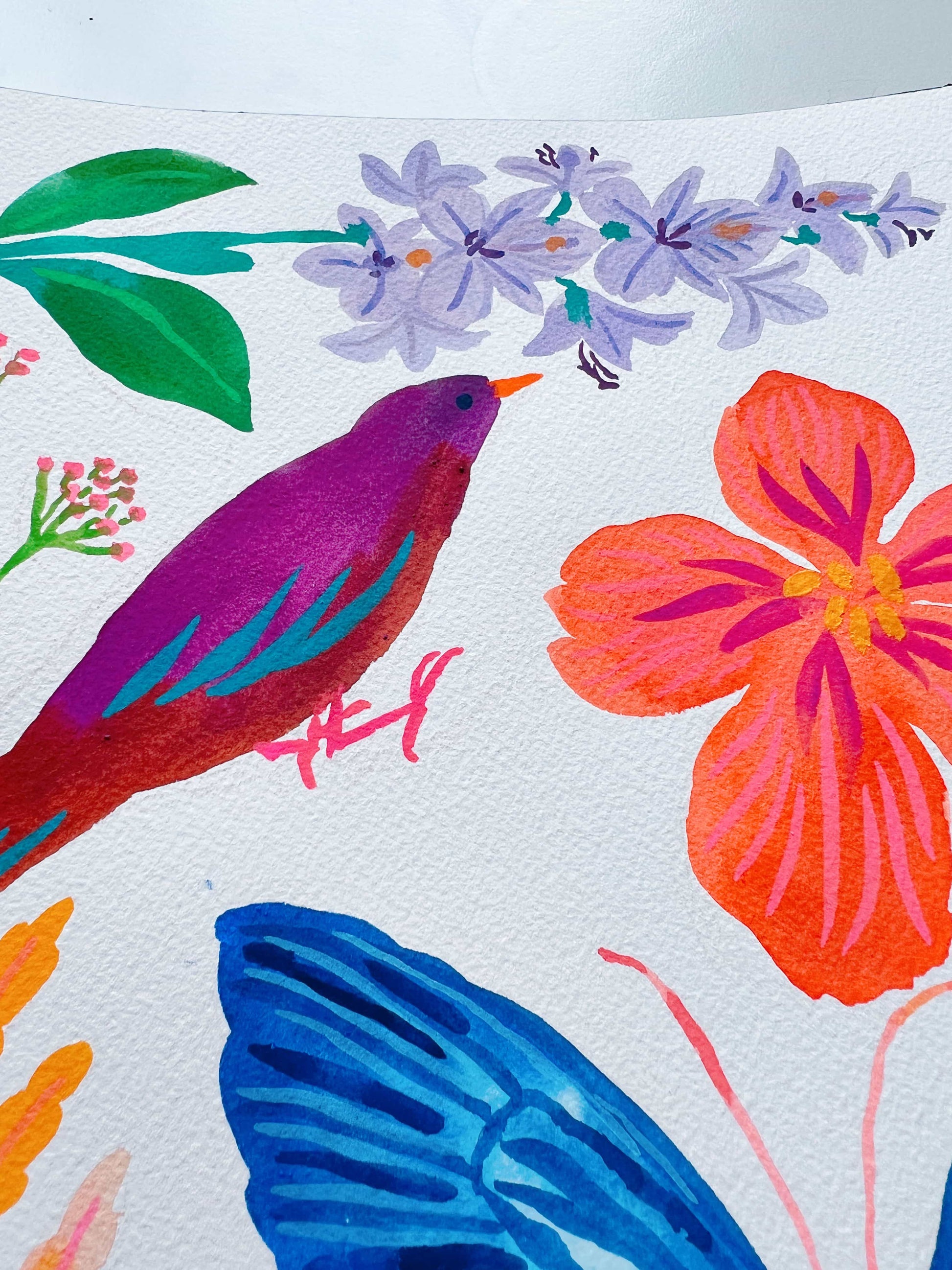 Original gouache, watercolor, and acrylic painting by Sun Lee from the 'Whispers of Spring' collection. This vibrant piece features a whimsical depiction of nature with bright flowers, butterflies, and birds, capturing the energy and beauty of spring. Perfect for nature lovers and those seeking aesthetic watercolor and gouache artwork, bringing joy and color to your space.