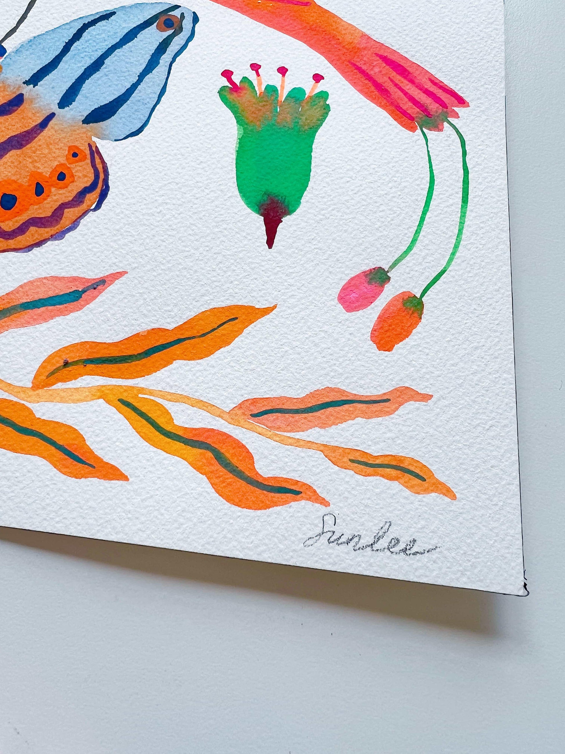 Original gouache, watercolor, and acrylic painting by Sun Lee from the 'Whispers of Spring' collection. This vibrant piece features a whimsical depiction of nature with bright flowers, butterflies, and birds, capturing the energy and beauty of spring. Perfect for nature lovers and those seeking aesthetic watercolor and gouache artwork, bringing joy and color to your space.