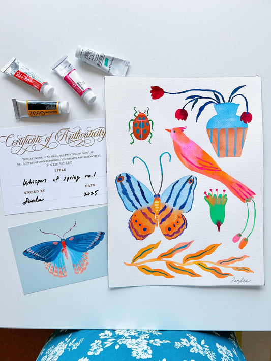 Original gouache, watercolor, and acrylic painting by Sun Lee from the 'Whispers of Spring' collection. This vibrant piece features a whimsical depiction of nature with bright flowers, butterflies, and birds, capturing the energy and beauty of spring. Perfect for nature lovers and those seeking aesthetic watercolor and gouache artwork, bringing joy and color to your space.