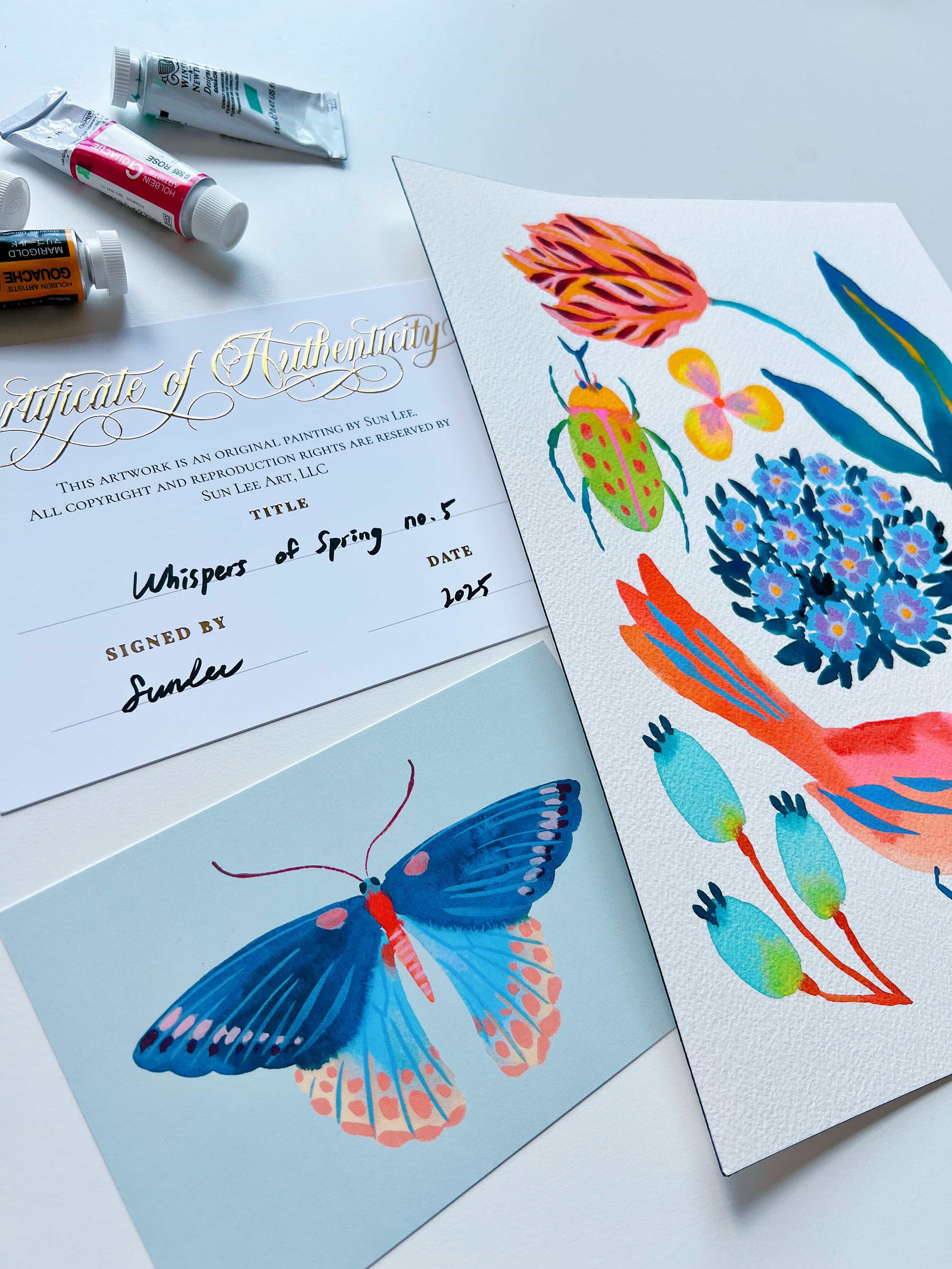 Original gouache, watercolor, and acrylic painting by Sun Lee from the 'Whispers of Spring' collection. This vibrant piece features a whimsical depiction of nature with bright flowers, butterflies, and birds, capturing the energy and beauty of spring. Perfect for nature lovers and those seeking aesthetic watercolor and gouache artwork, bringing joy and color to your space.