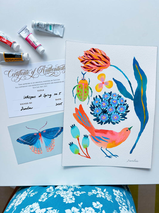 Original gouache, watercolor, and acrylic painting by Sun Lee from the 'Whispers of Spring' collection. This vibrant piece features a whimsical depiction of nature with bright flowers, butterflies, and birds, capturing the energy and beauty of spring. Perfect for nature lovers and those seeking aesthetic watercolor and gouache artwork, bringing joy and color to your space.