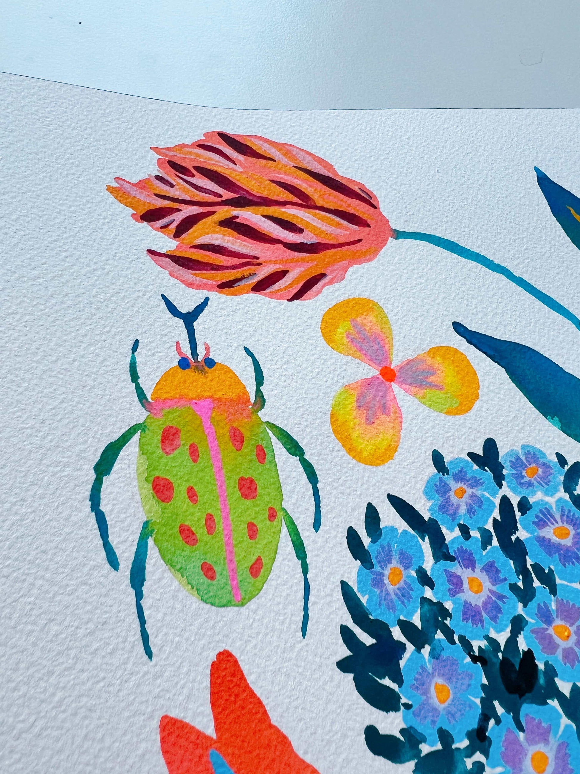 Original gouache, watercolor, and acrylic painting by Sun Lee from the 'Whispers of Spring' collection. This vibrant piece features a whimsical depiction of nature with bright flowers, butterflies, and birds, capturing the energy and beauty of spring. Perfect for nature lovers and those seeking aesthetic watercolor and gouache artwork, bringing joy and color to your space.