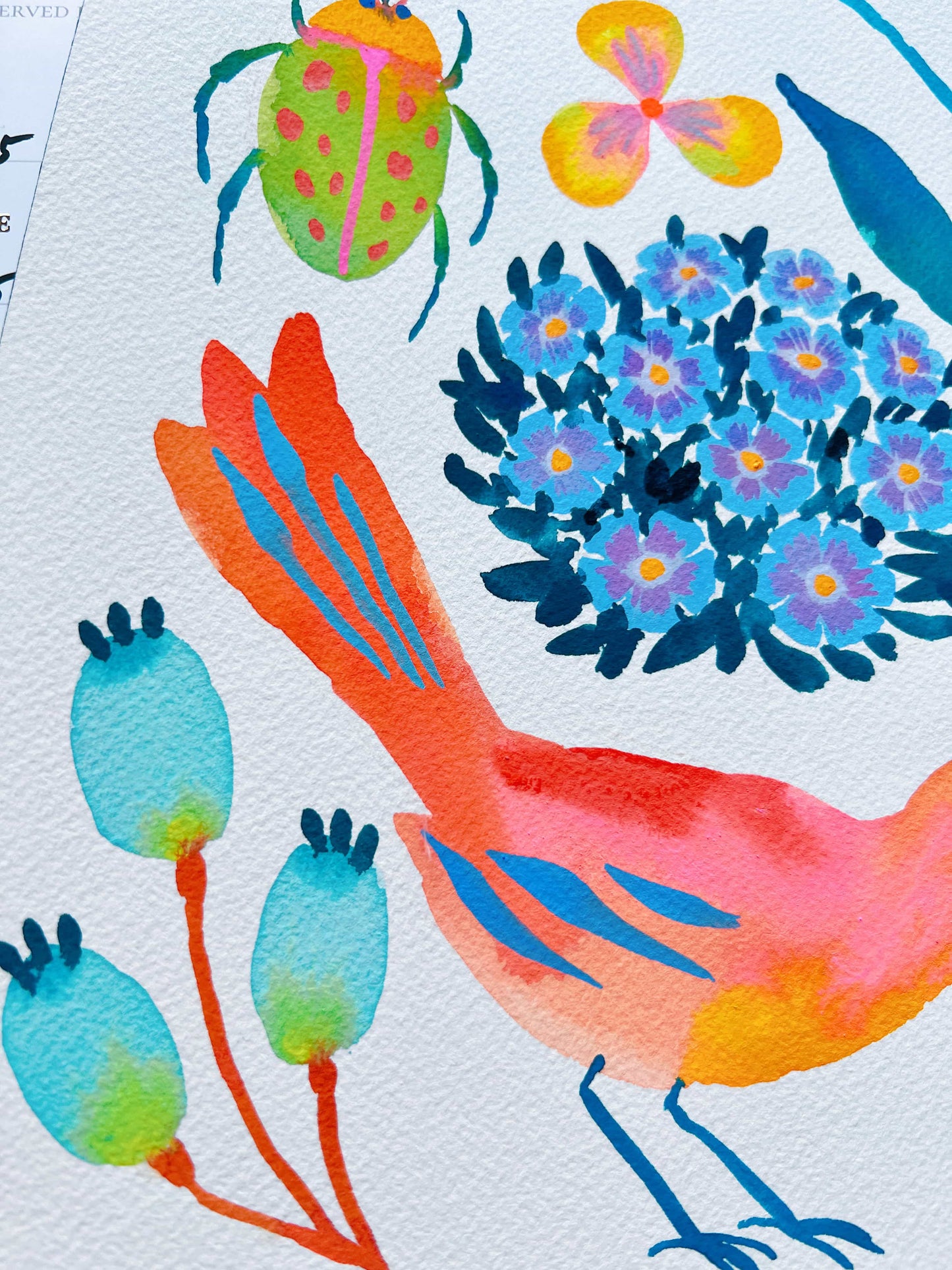 Original gouache, watercolor, and acrylic painting by Sun Lee from the 'Whispers of Spring' collection. This vibrant piece features a whimsical depiction of nature with bright flowers, butterflies, and birds, capturing the energy and beauty of spring. Perfect for nature lovers and those seeking aesthetic watercolor and gouache artwork, bringing joy and color to your space.
