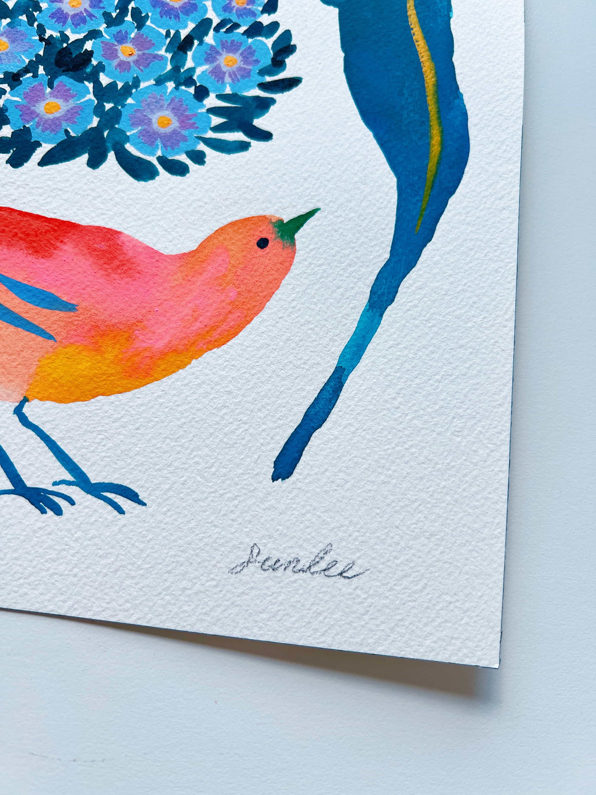 Original gouache, watercolor, and acrylic painting by Sun Lee from the 'Whispers of Spring' collection. This vibrant piece features a whimsical depiction of nature with bright flowers, butterflies, and birds, capturing the energy and beauty of spring. Perfect for nature lovers and those seeking aesthetic watercolor and gouache artwork, bringing joy and color to your space.