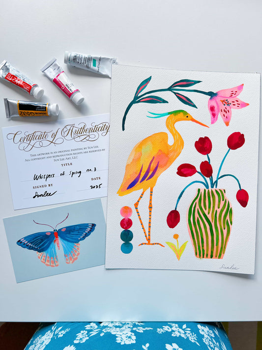 Original gouache, watercolor, and acrylic painting by Sun Lee from the 'Whispers of Spring' collection. This vibrant piece features a whimsical depiction of nature with bright flowers, butterflies, and birds, capturing the energy and beauty of spring. Perfect for nature lovers and those seeking aesthetic watercolor and gouache artwork, bringing joy and color to your space.