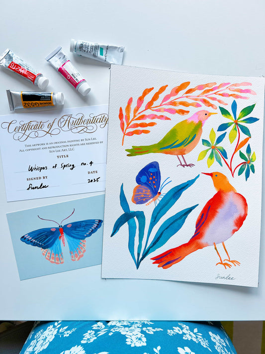 Original gouache, watercolor, and acrylic painting by Sun Lee from the 'Whispers of Spring' collection. This vibrant piece features a whimsical depiction of nature with bright flowers, butterflies, and birds, capturing the energy and beauty of spring. Perfect for nature lovers and those seeking aesthetic watercolor and gouache artwork, bringing joy and color to your space.
