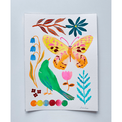 Original gouache, watercolor, and acrylic painting by Sun Lee from the 'Whispers of Spring' collection. This vibrant piece features a whimsical depiction of nature with bright flowers, butterflies, and birds, capturing the energy and beauty of spring. Perfect for nature lovers and those seeking aesthetic watercolor and gouache artwork, bringing joy and color to your space.