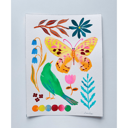 Original gouache, watercolor, and acrylic painting by Sun Lee from the 'Whispers of Spring' collection. This vibrant piece features a whimsical depiction of nature with bright flowers, butterflies, and birds, capturing the energy and beauty of spring. Perfect for nature lovers and those seeking aesthetic watercolor and gouache artwork, bringing joy and color to your space.
