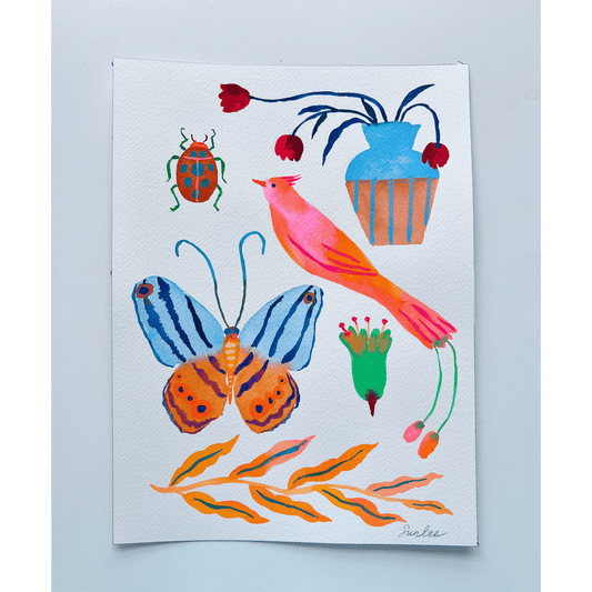 Original gouache and watercolor painting by Sun Lee from the 'Whispers of Spring' collection. This vibrant piece features a whimsical depiction of nature with bright flowers, butterflies, and birds, capturing the energy and beauty of spring. 
