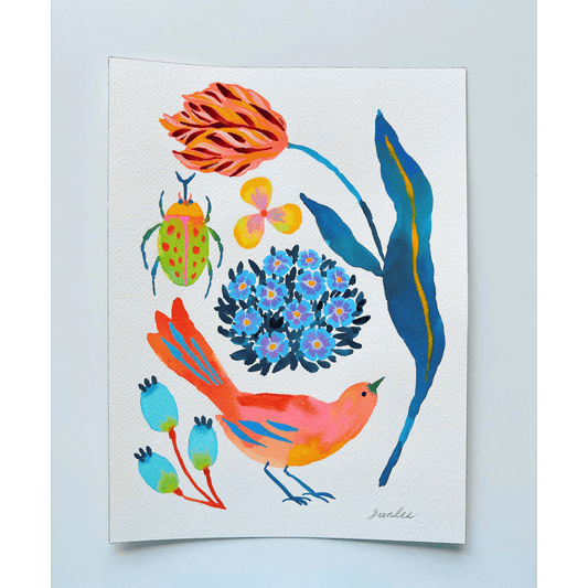 Original watercolor painting by Sun Lee from the 'Whispers of Spring' collection. This vibrant piece features a whimsical depiction of nature with bright flowers, butterflies, and birds, capturing the energy and beauty of spring. 