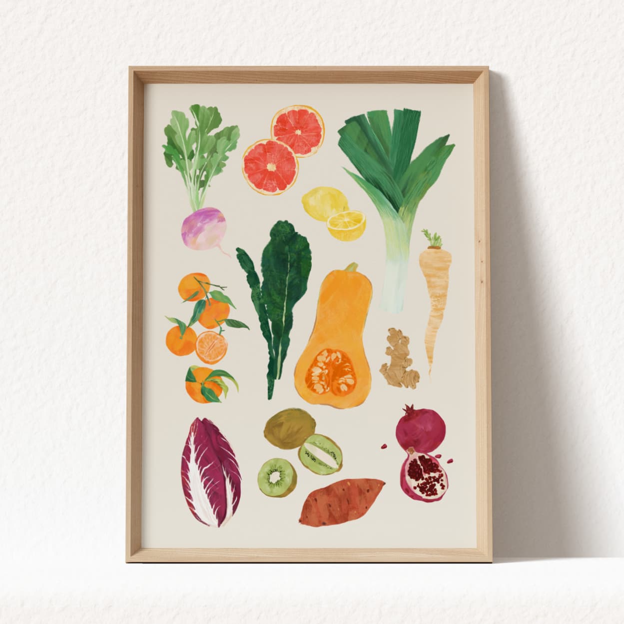 art print featuring winter vegetables and fruits  by sun lee