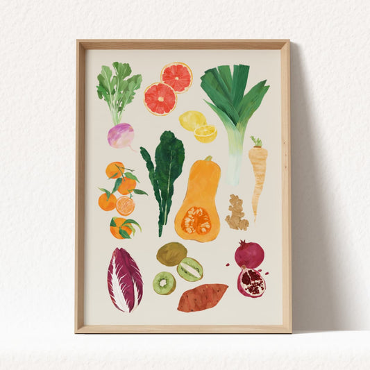 art print featuring winter vegetables and fruits  by sun lee