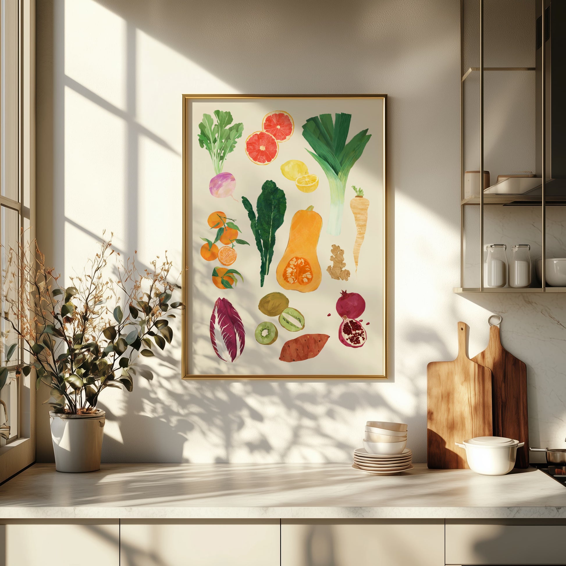Colorful fruit and vegetable illustration in a gold frame on a kitchen wall.