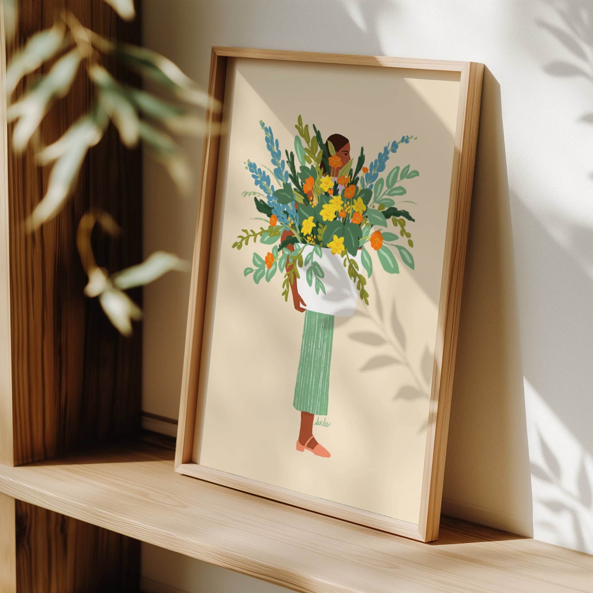 Colorful illustration of a woman holding a flower pot – bright, joyful art print that brings an uplifting atmosphere to any space