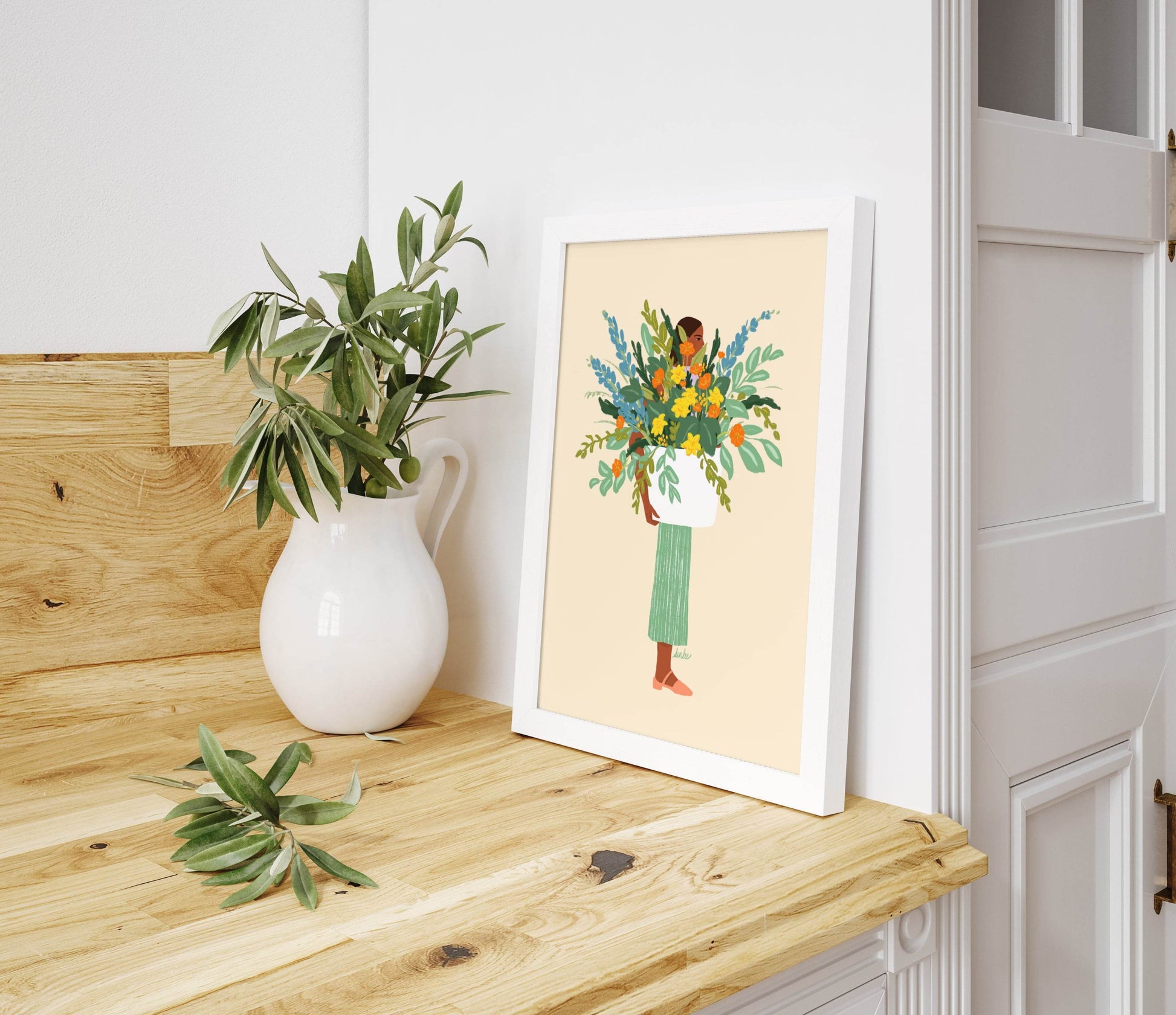 Colorful illustration of a woman holding a flower pot – bright, joyful art print that brings an uplifting atmosphere to any space