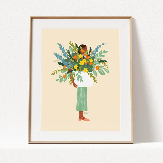 Colorful illustration of a woman holding a flower pot – bright, joyful art print that brings an uplifting atmosphere to any space
