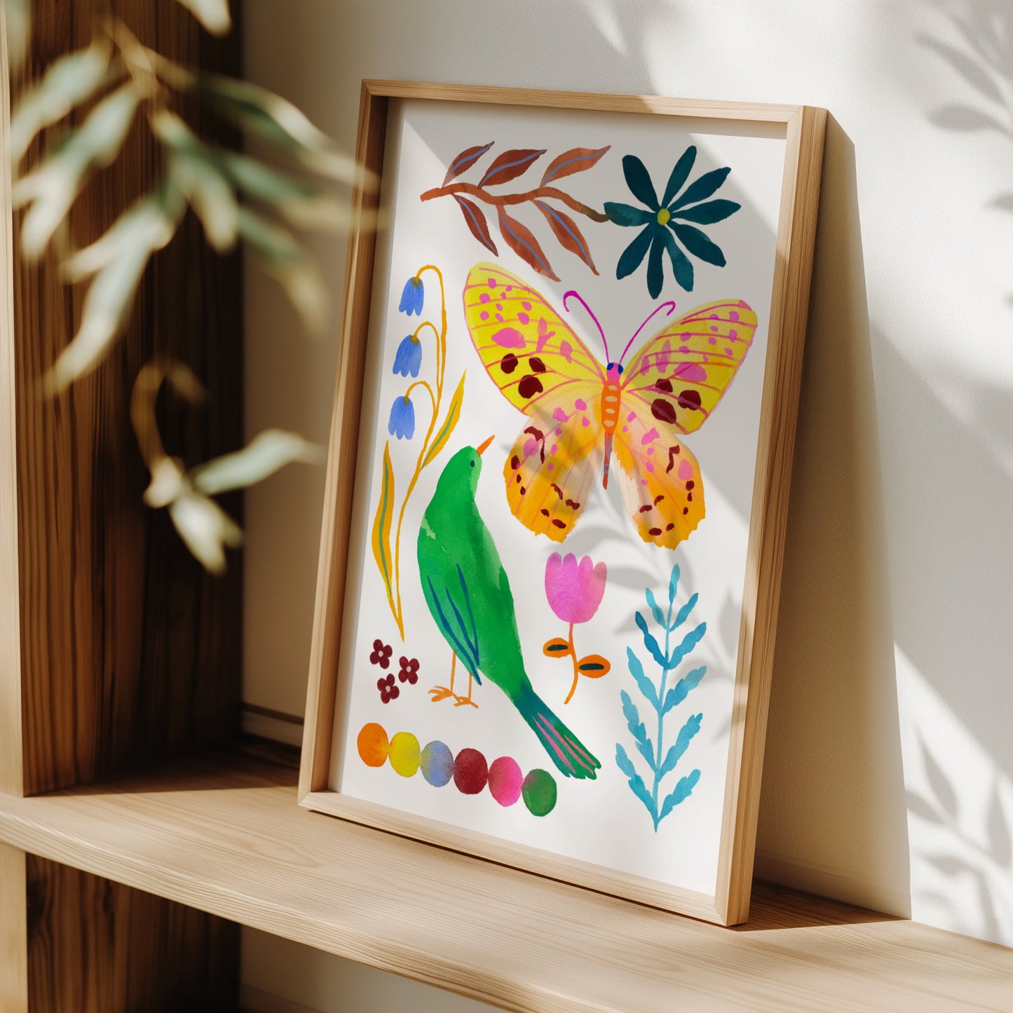 High-quality archival giclée art print by Sun Lee from the "Whispers of Spring" collection, featuring vibrant watercolor and gouache illustration of flowers, birds, and butterflies. Perfect for modern boho, Scandinavian, and nature-inspired homes, as well as eclectic and minimalist spaces. Ideal for nurseries and children's rooms, bringing color, joy, and tranquility to any space.